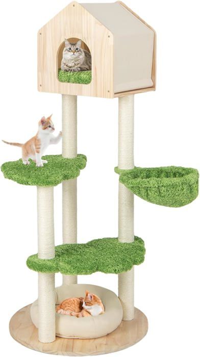 Comparer les prix de GOPLUS Arbre à Chat 139 CM à 5 Niveaux avec Condo en Bois de Pin, Lit pour Chat, Perchoir, Plateforme, Hamac, Griffoir en Sisal